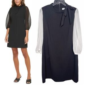 Calvin Klein 14 Illusion Bow Tie Neck Sheer Long Sleeve Mini Dress Black White
